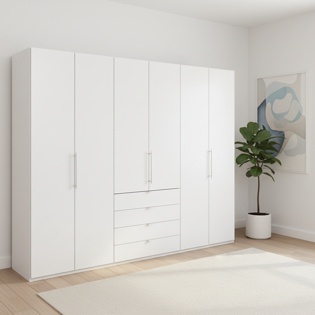 Wiemann Loft 6 Doors & 4 Drawers With Bi-Fold Doors Wardrobe in White styled in a modern room