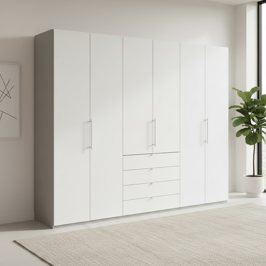 Wiemann Loft 6 Doors & 4 Drawers With Bi-Fold Doors Wardrobe in White with Pebble Grey Carcase styled in a modern room