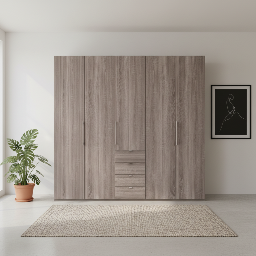 Wiemann Loft 5 Doors & 4 Drawers With Bi-Fold Doors Wardrobe in Dark Rustic Oak Front view