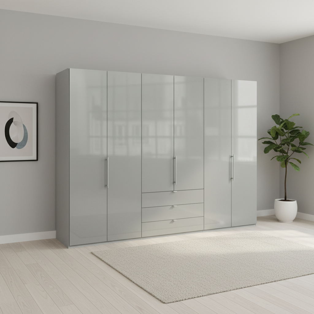 Wiemann Loft 6 Doors & 3 Drawers With Bi-Fold Doors Wardrobe in Glass Pebble Grey styled in a modern room