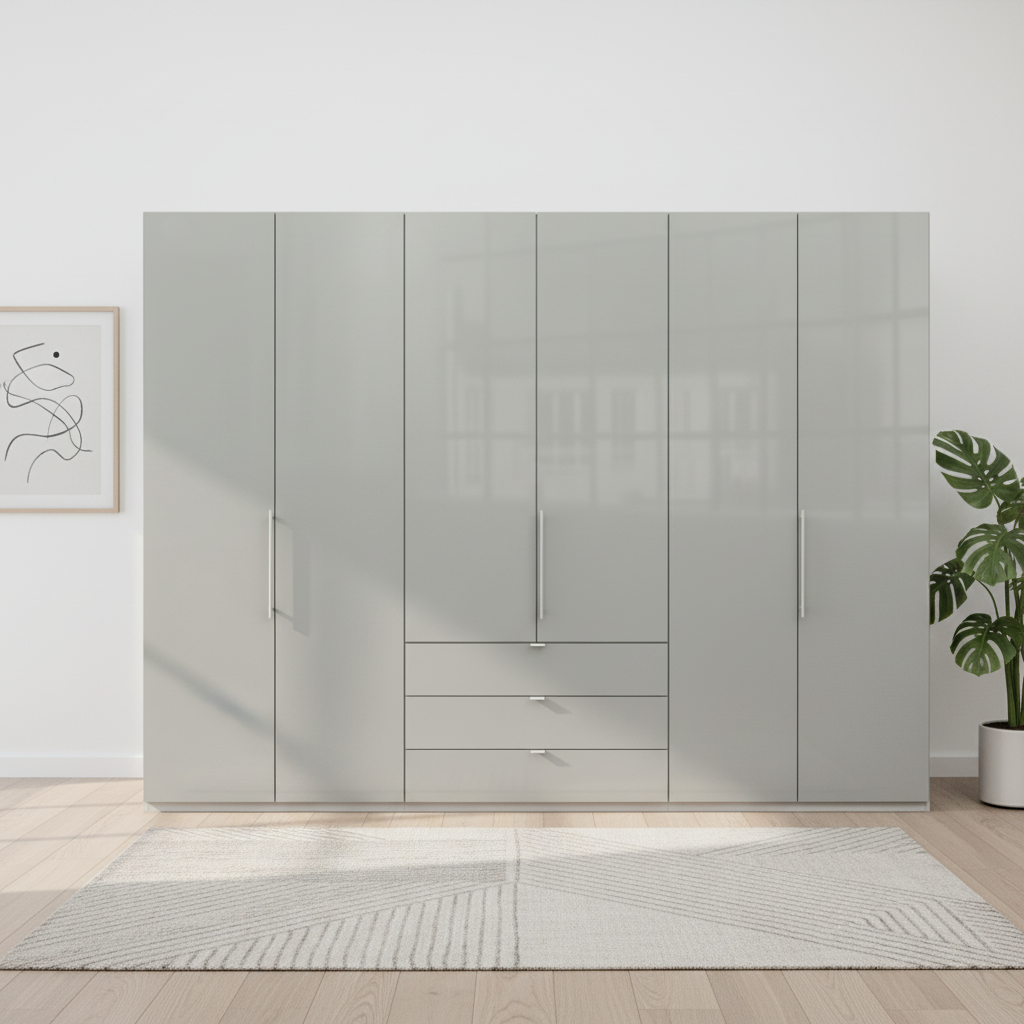 Wiemann Loft 5 Doors & 4 Drawers With Bi-Fold Doors Wardrobe in Glass Pebble Grey Front view