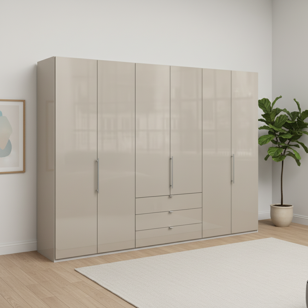 Wiemann Loft 6 Doors & 3 Drawers With Bi-Fold Doors Wardrobe in Glass Champagne styled in a modern room