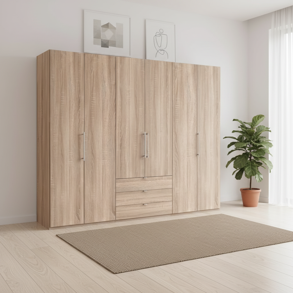 Wiemann Loft 6 Doors & 3 Drawers With Bi-Fold Doors Wardrobe in Rustic Oak styled in a modern room