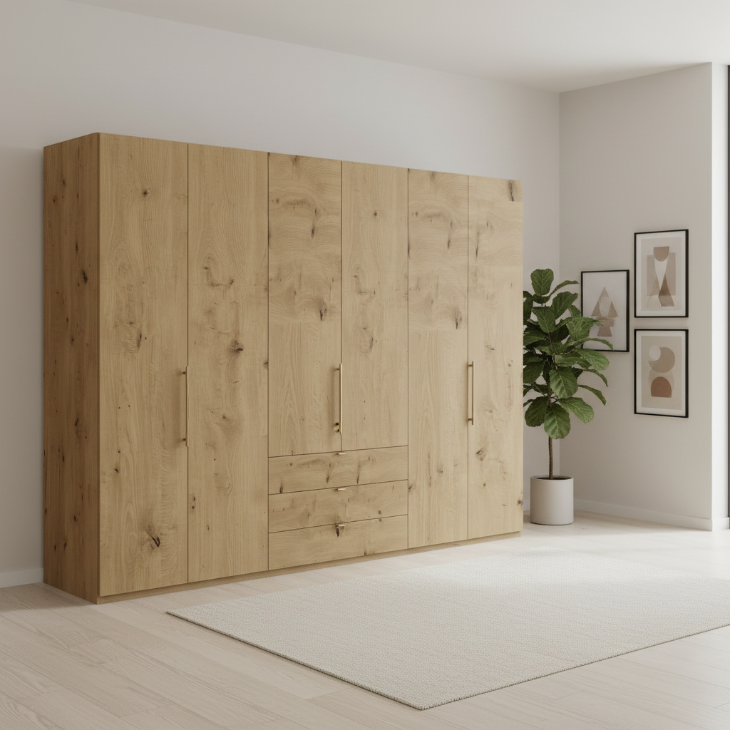 Wiemann Loft 6 Doors & 3 Drawers With Bi-Fold Doors Wardrobe in Bianco Oak styled in a modern room