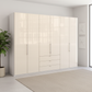 Wiemann Loft 6 Doors & 3 Drawers With Bi-Fold Doors Wardrobe in Glass Mangolia styled in a modern room