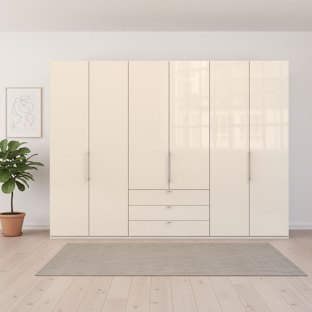 Wiemann Loft 6 Doors & 3 Drawers With Bi-Fold Doors Wardrobe in Glass Mangolia front view