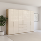 Wiemann Loft 6 Doors & 3  Drawers With Bi-Fold Doors Wardrobe in Glass Mangolia with Bianco Oak Carcase