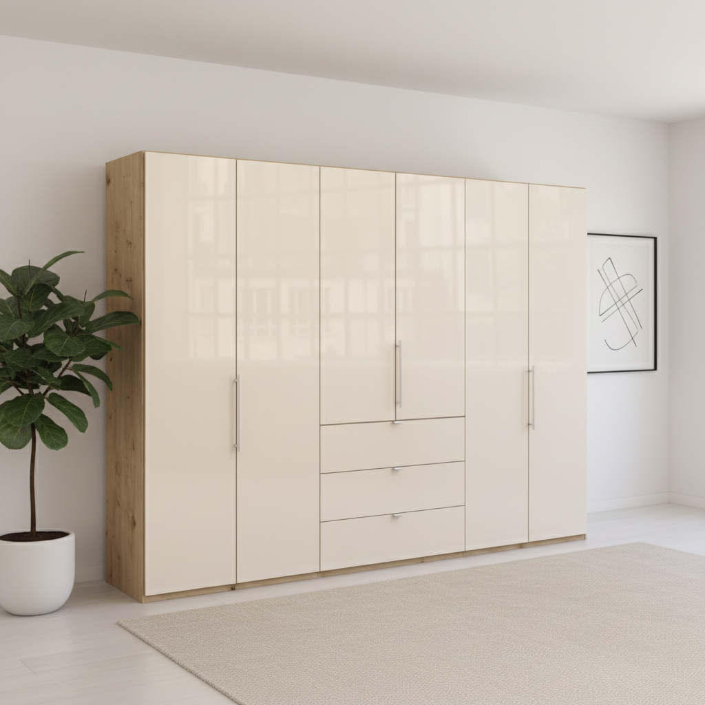 Wiemann Loft 6 Doors & 3  Drawers With Bi-Fold Doors Wardrobe in Glass Mangolia with Bianco Oak Carcase