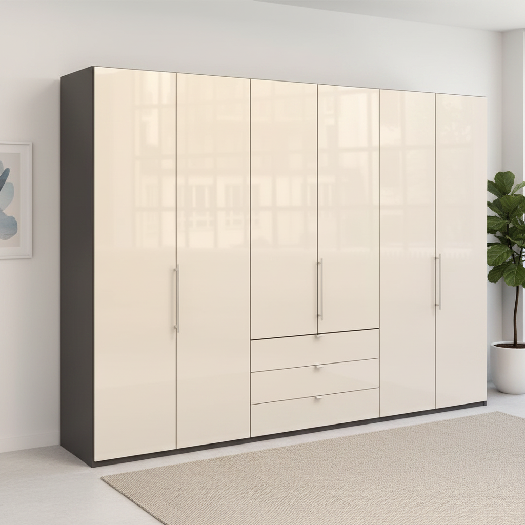 Wiemann Loft 6 Doors & 3 Drawers With Bi-Fold Doors Wardrobe in Glass Mangolia with Havana Carcase