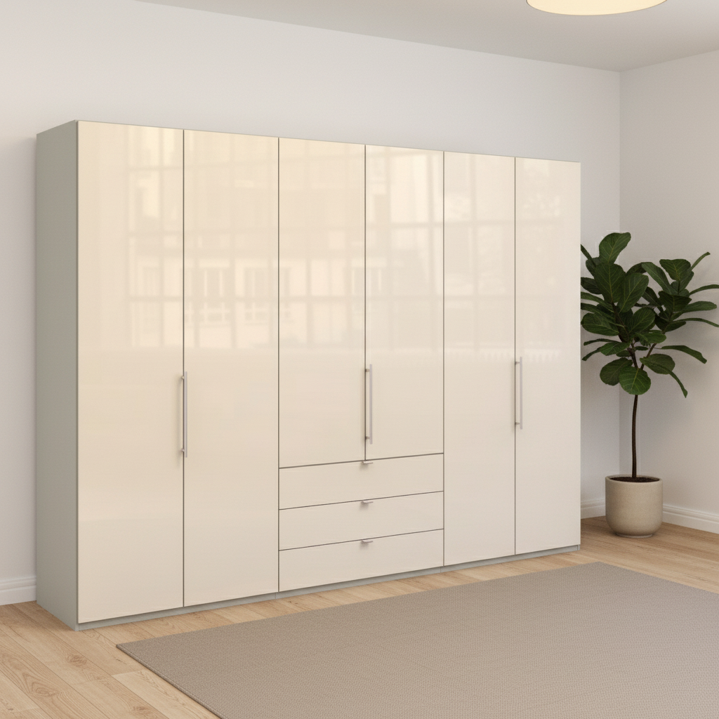 Wiemann Loft 6 Doors & 3 Drawers With Bi-Fold Doors Wardrobe in Glass Mangolia with Pebble Grey Carcase