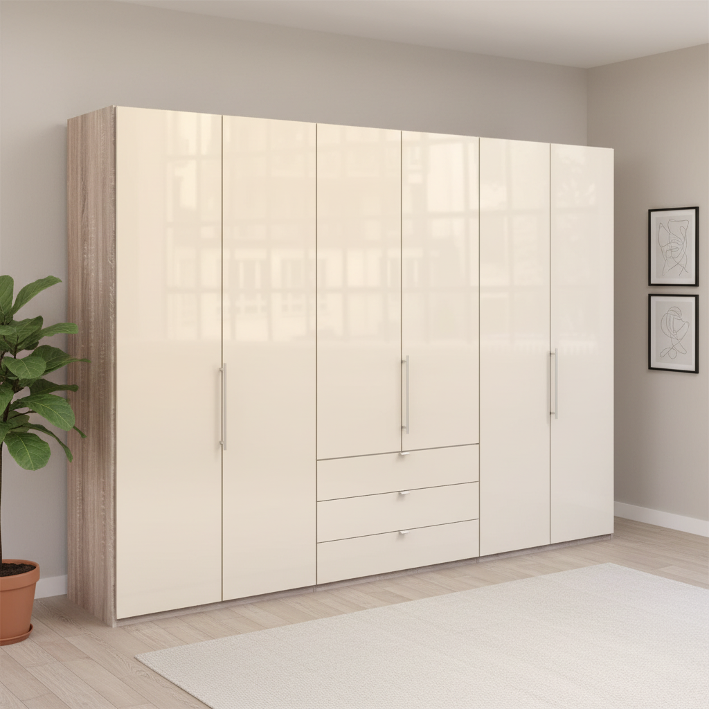 Wiemann Loft 6 Doors & 3 Drawers With Bi-Fold Doors Wardrobe in Glass Mangolia with Rustic Oak Carcase