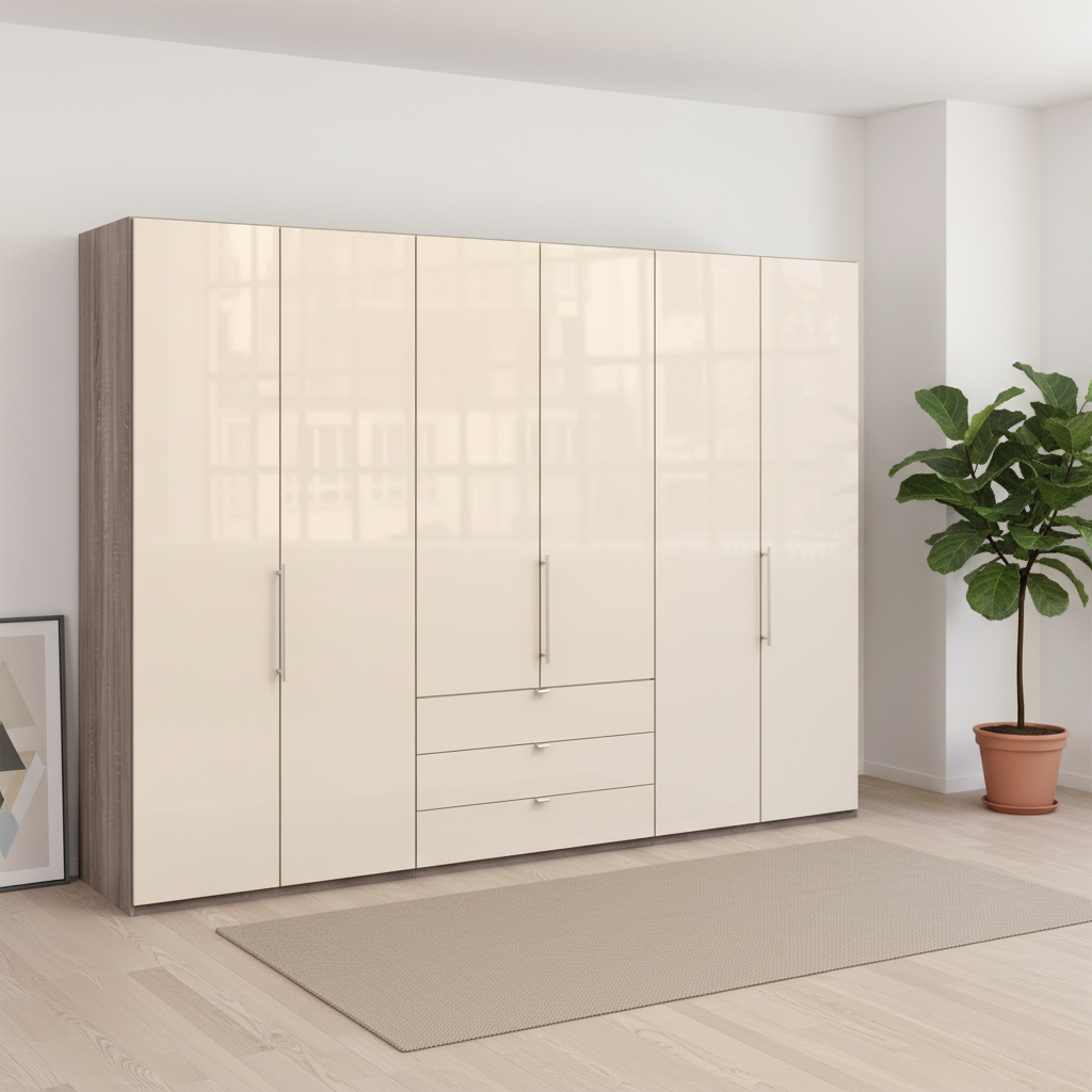 Wiemann Loft 6 Doors & 3 Drawers With Bi-Fold Doors Wardrobe in Glass Mangolia with Dark Rustic Oak Carcase