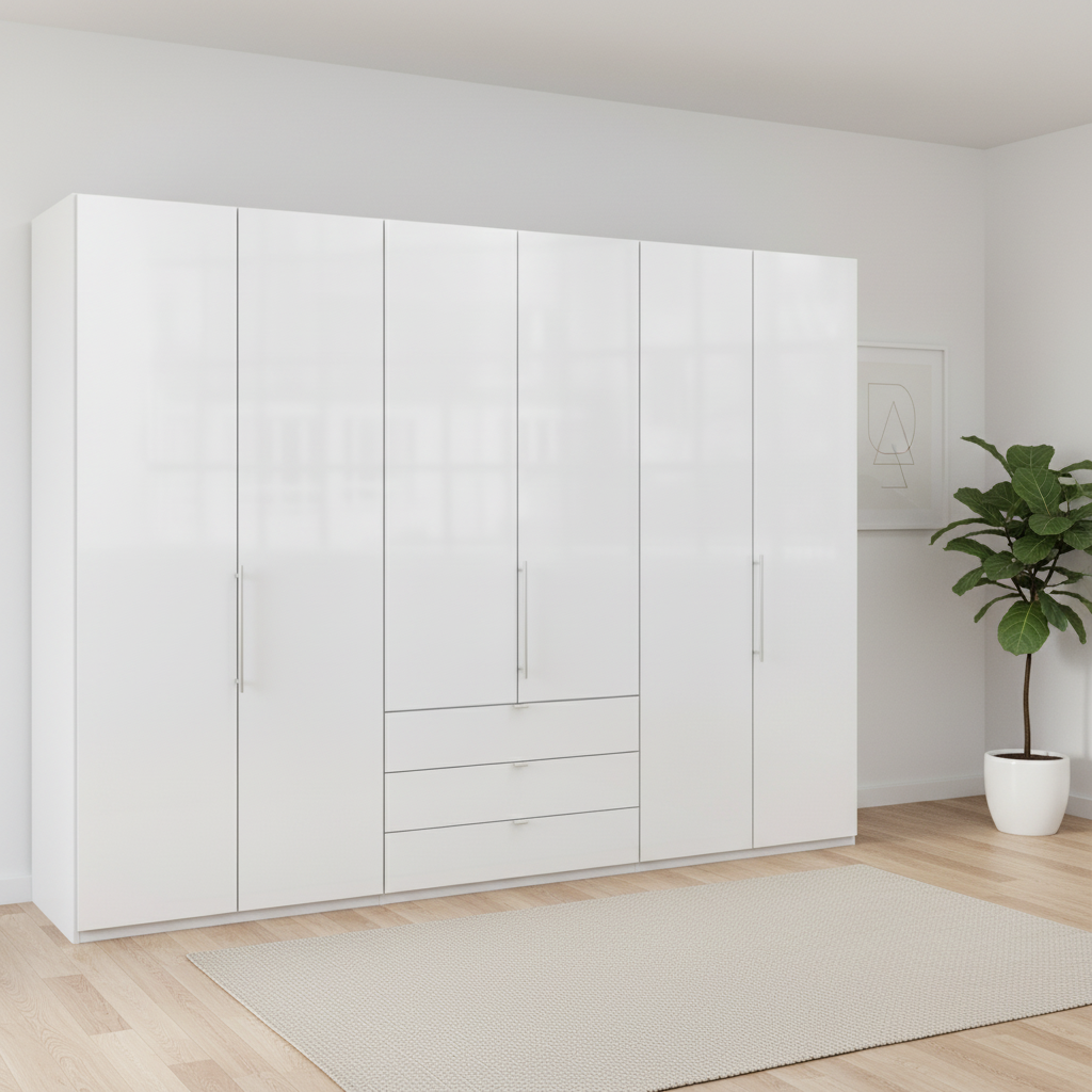 Wiemann Loft 6 Doors & 3 Drawers With Bi-Fold Doors Wardrobe in Glass White styled in a Bedroom