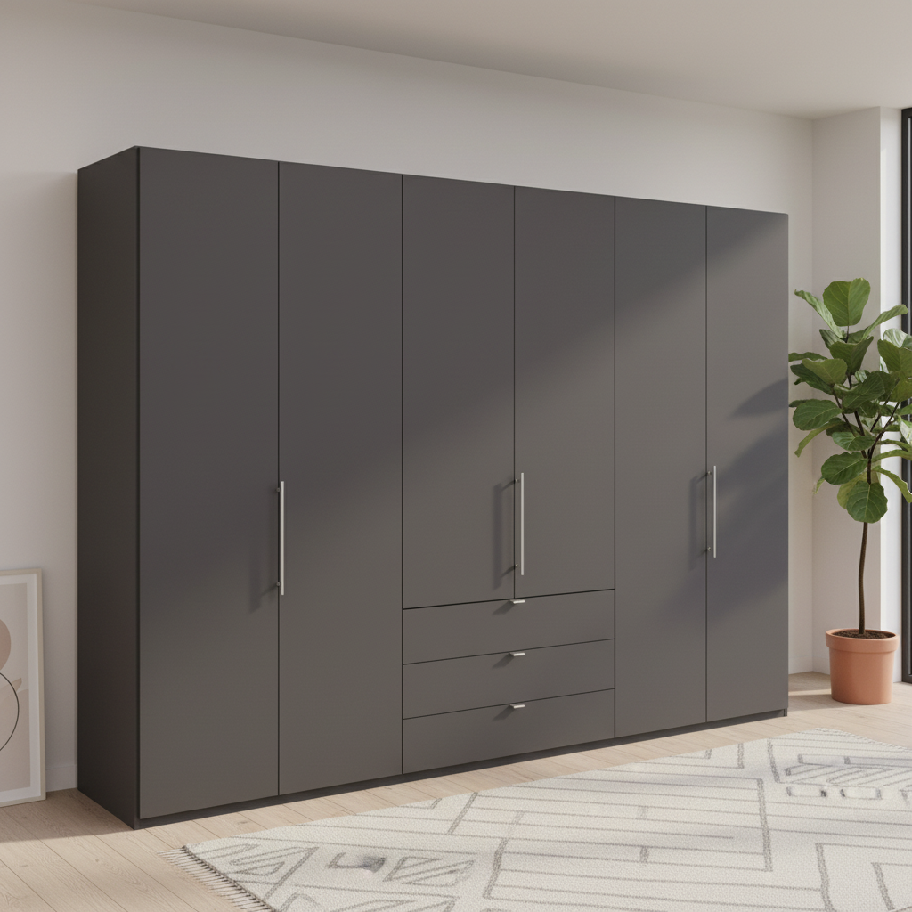 Wiemann Loft 6 Doors & 3 Drawers With Bi-Fold Doors Wardrobe in Havana styled in a modern bedroom