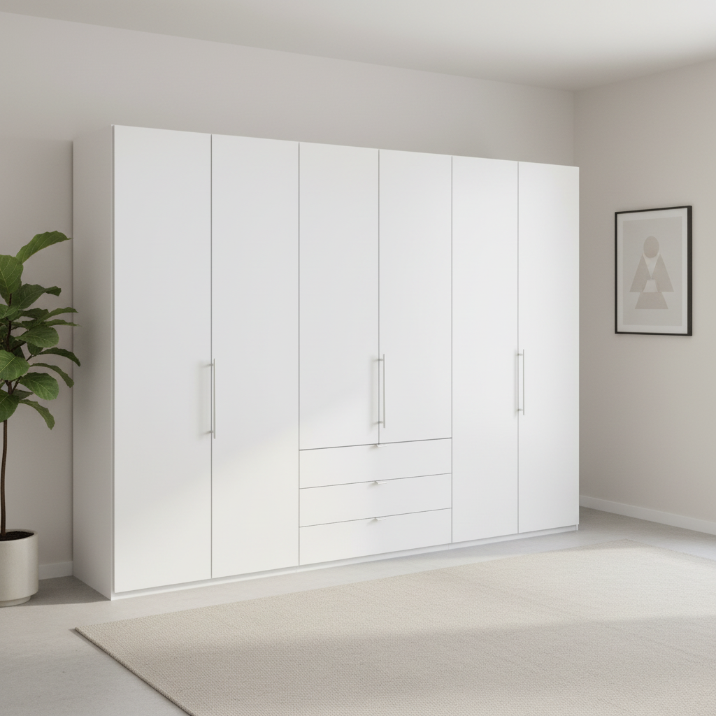 Wiemann Loft 6 Doors & 3 Drawers With Bi-Fold Doors Wardrobe in White styled in a modern room