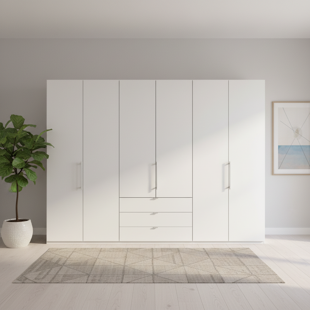 Wiemann Loft 6 Doors & 3 Drawers With Bi-Fold Doors Wardrobe in White front view