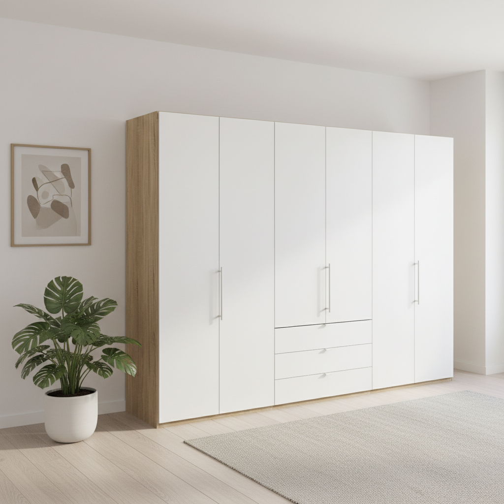 Wiemann Loft 6 Doors & 3 Drawers With Bi-Fold Doors Wardrobe in White with Bianco Oak Carcase styled in a modern room