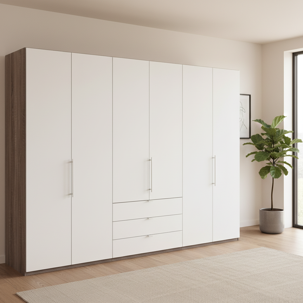 Wiemann Loft 6 Doors & 3 Drawers With Bi-Fold Doors Wardrobe in White with Dark Rustic Oak Carcase styled in a modern room