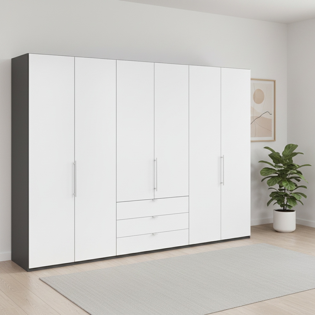 Wiemann Loft 6 Doors & 3 Drawers With Bi-Fold Doors Wardrobe in White with Havana Carcase styled in a modern room