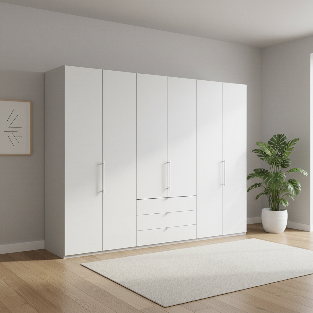 Wiemann Loft 6 Doors & 3 Drawers With Bi-Fold Doors Wardrobe in White with Pebble Grey Carcase styled in a modern room