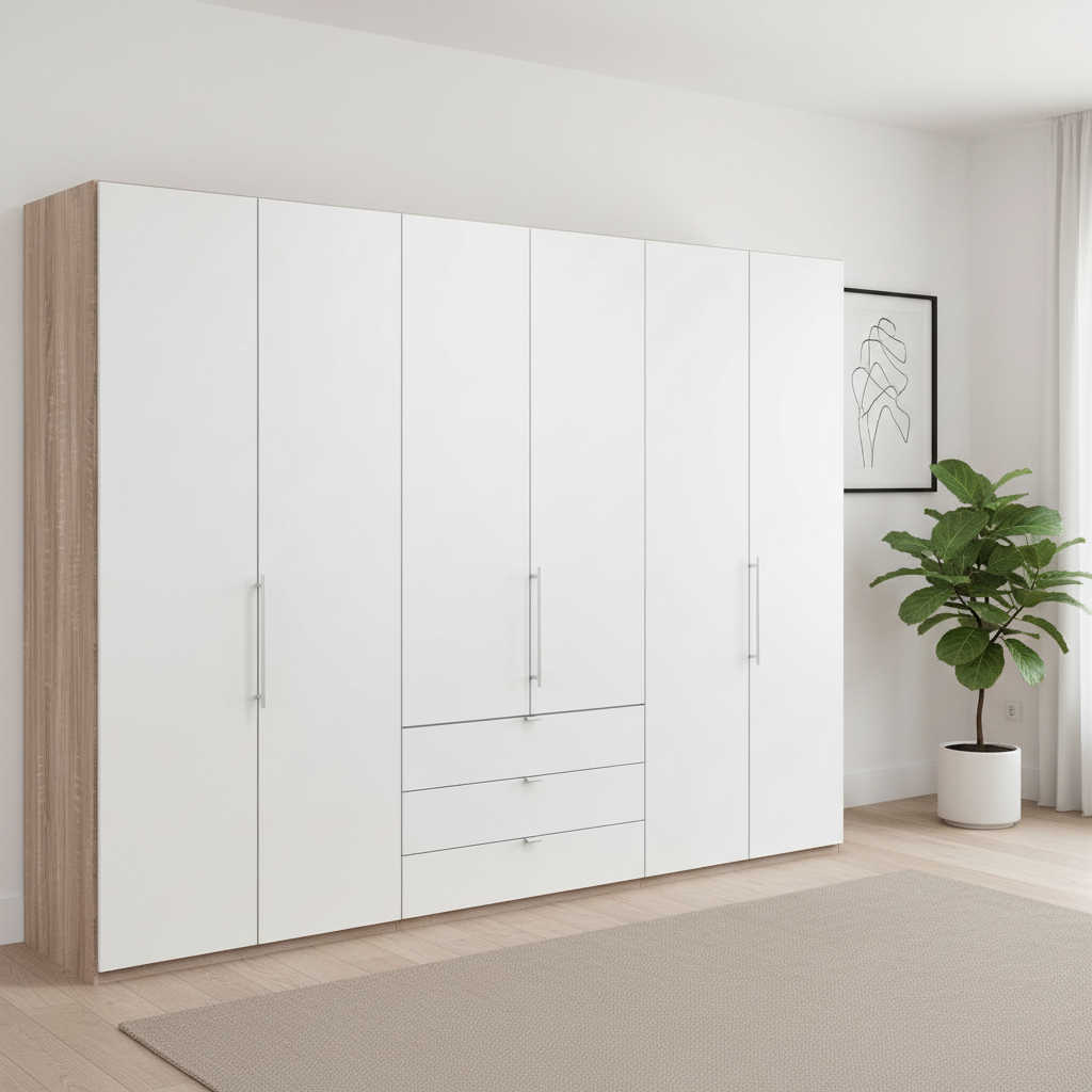 Wiemann Loft 6 Doors & 3 Drawers With Bi-Fold Doors Wardrobe in White with Rustic Oak Carcase styled in a modern room
