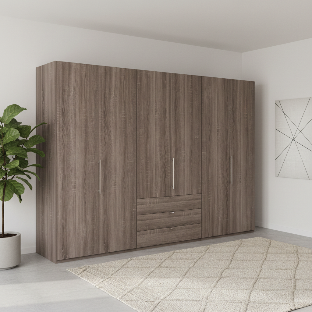 Wiemann Loft 6 Doors & 3 Drawers With Bi-Fold Doors Wardrobe in Dark Rustic Oak styled in a modern room