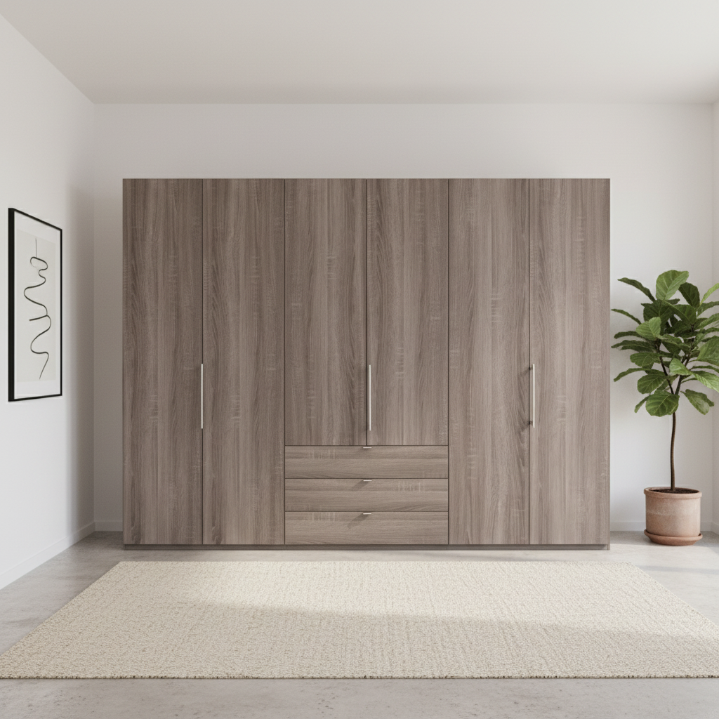 Wiemann Loft 6 Doors & 3 Drawers With Bi-Fold Doors Wardrobe in Dark Rustic Oak Front view