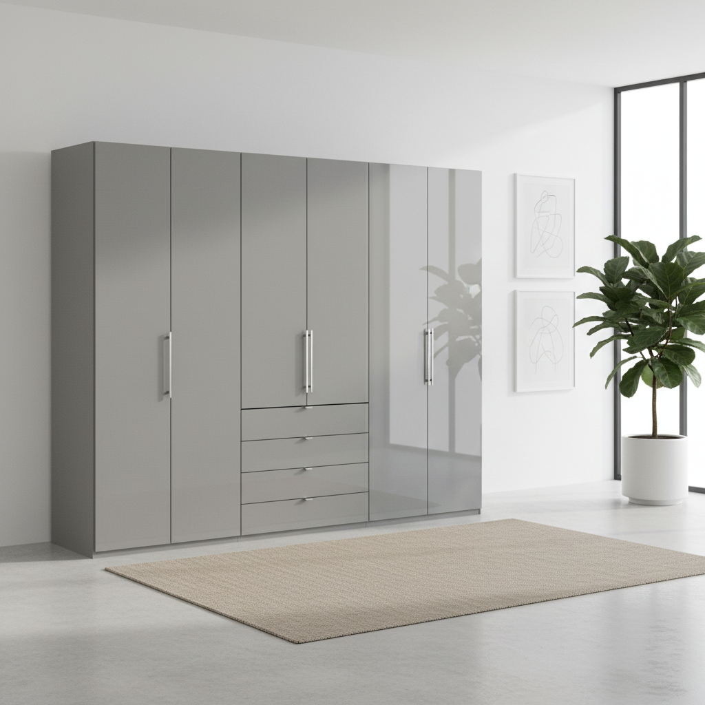 Wiemann Loft 6 Doors & 4 Drawers With Bi-Fold Doors Wardrobe in Glass Pebble Grey styled in a modern room