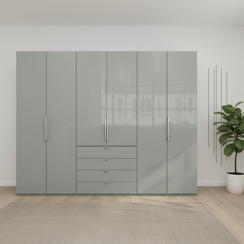 Wiemann Loft 6 Doors & 4 Drawers With Bi-Fold Doors Wardrobe in Glass Pebble Grey Front view
