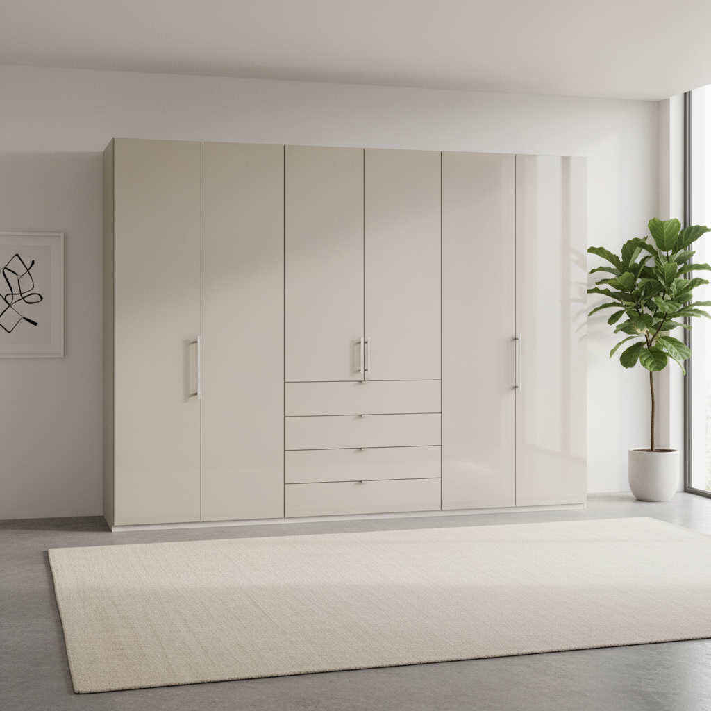 Wiemann Loft 6 Doors & 4 Drawers With Bi-Fold Doors Wardrobe in Glass Champagne styled in a modern room