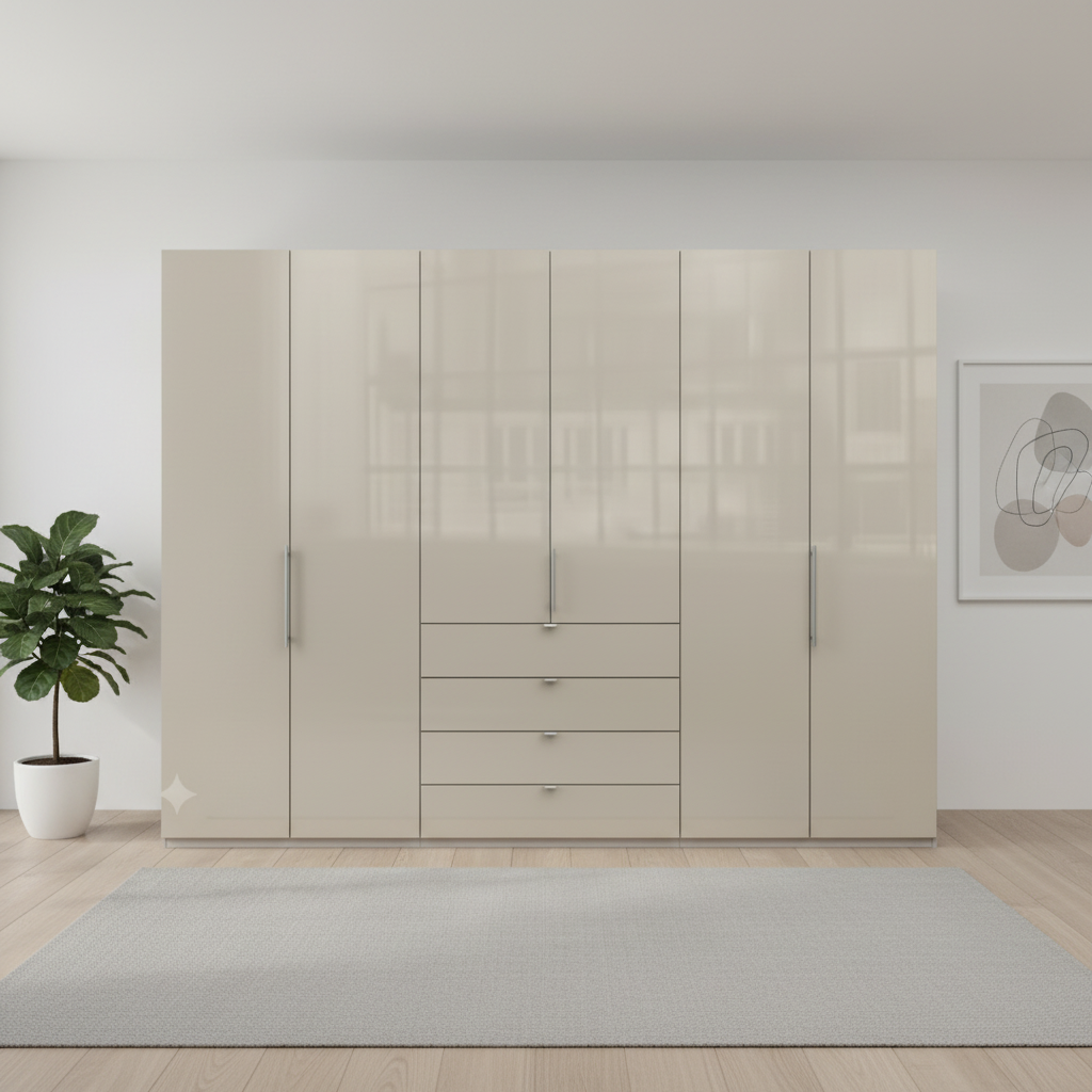 Wiemann Loft 6 Doors & 4 Drawers With Bi-Fold Doors Wardrobe in Glass Champagne front view