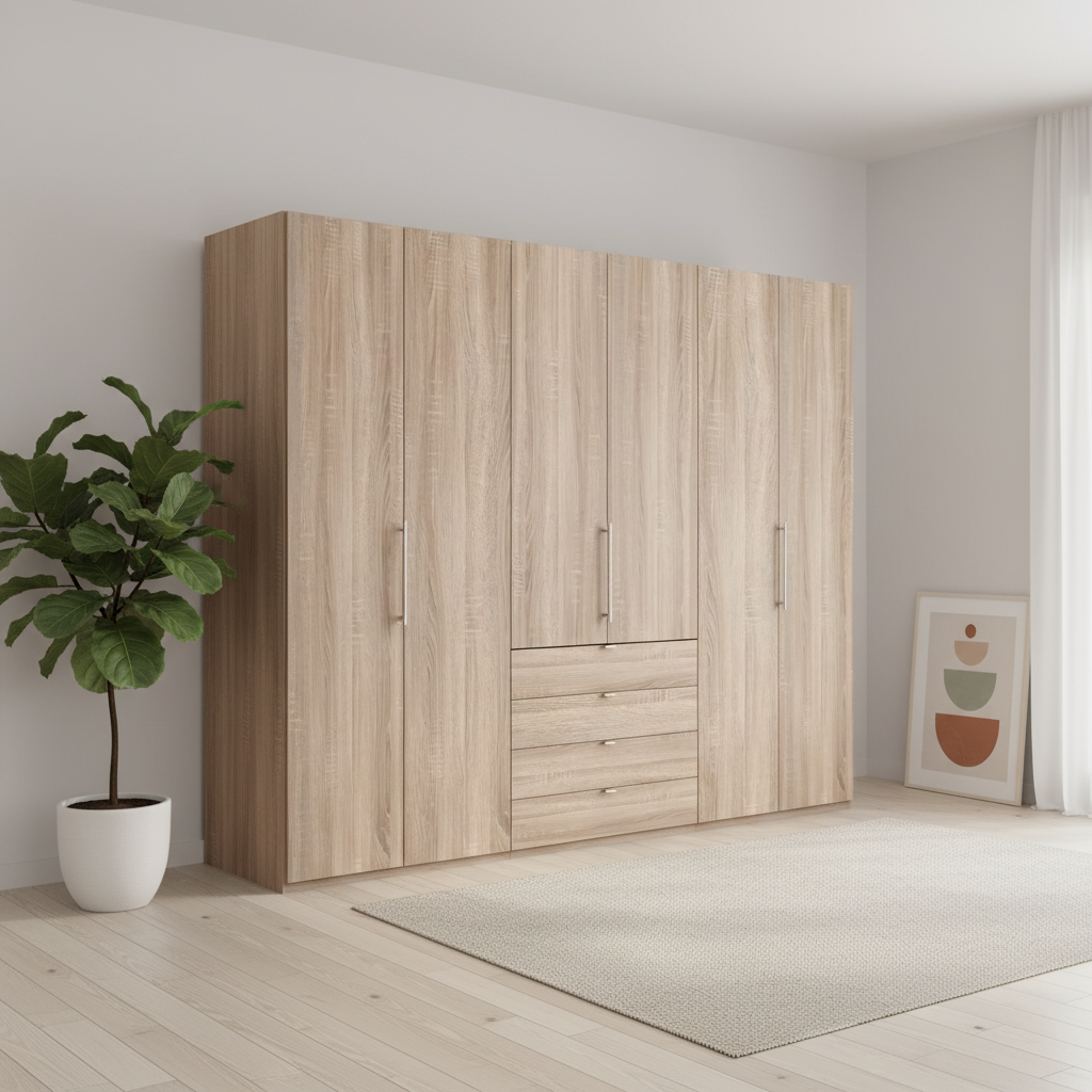 Wiemann Loft 6 Doors & 4 Drawers With Bi-Fold Doors Wardrobe in Rustic Oak styled in a modern room