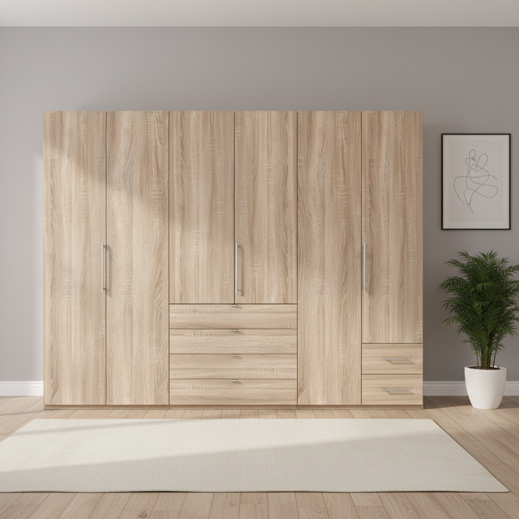 Wiemann Loft 6 Doors & 4 Drawers With Bi-Fold Doors Wardrobe in Rustic Oak styled in a modern room front view