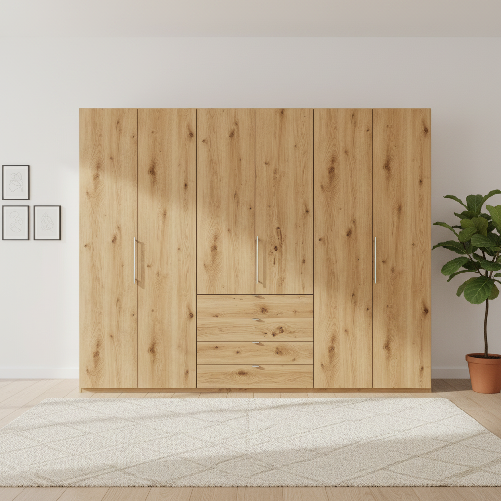 Wiemann Loft 6 Doors & 4 Drawers With Bi-Fold Doors Wardrobe in Bianco Oak Front view
