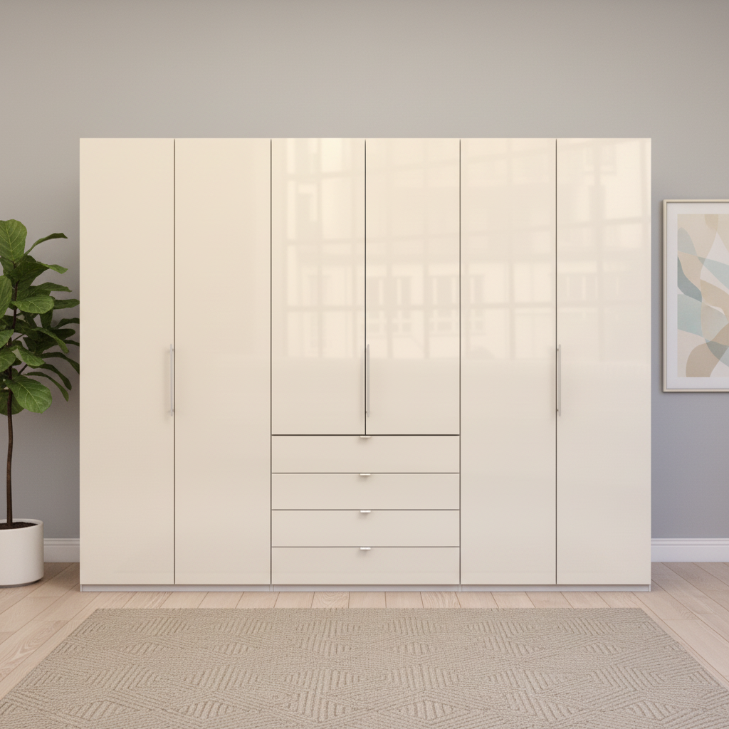 Wiemann Loft 6 Doors & 4 Drawers With Bi-Fold Doors Wardrobe in Glass Mangolia Front view
