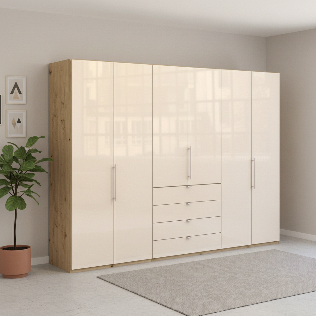 Wiemann Loft 6 Doors & 4  Drawers With Bi-Fold Doors Wardrobe in Glass Mangolia with Bianco Oak Carcase