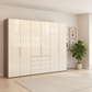 Wiemann Loft 6 Doors & 4 Drawers With Bi-Fold Doors Wardrobe in Glass Mangolia with Dark Rustic Oak Carcase