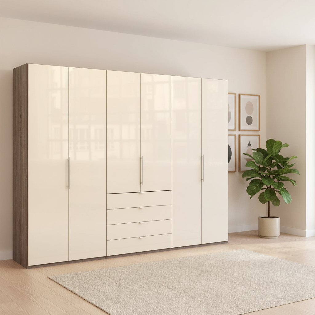 Wiemann Loft 6 Doors & 4 Drawers With Bi-Fold Doors Wardrobe in Glass Mangolia with Dark Rustic Oak Carcase
