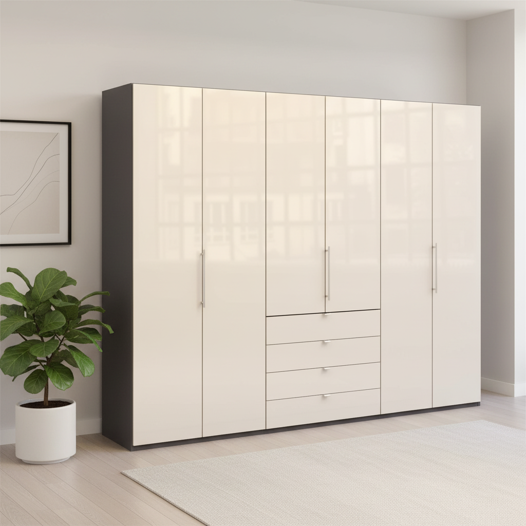 Wiemann Loft 6 Doors & 4 Drawers With Bi-Fold Doors Wardrobe in Glass Mangolia with Havana Carcase
