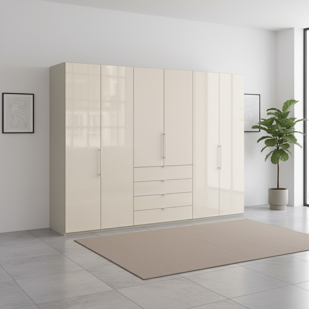 Wiemann Loft 6 Doors & 4 Drawers With Bi-Fold Doors Wardrobe in Glass Mangolia with Pebble Grey Carcase