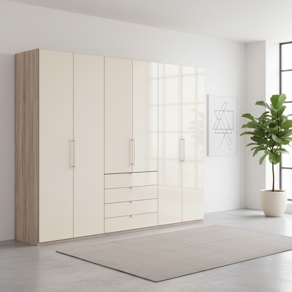 Wiemann Loft 6 Doors & 4 Drawers With Bi-Fold Doors Wardrobe in Glass Mangolia with Rustic Oak Carcase