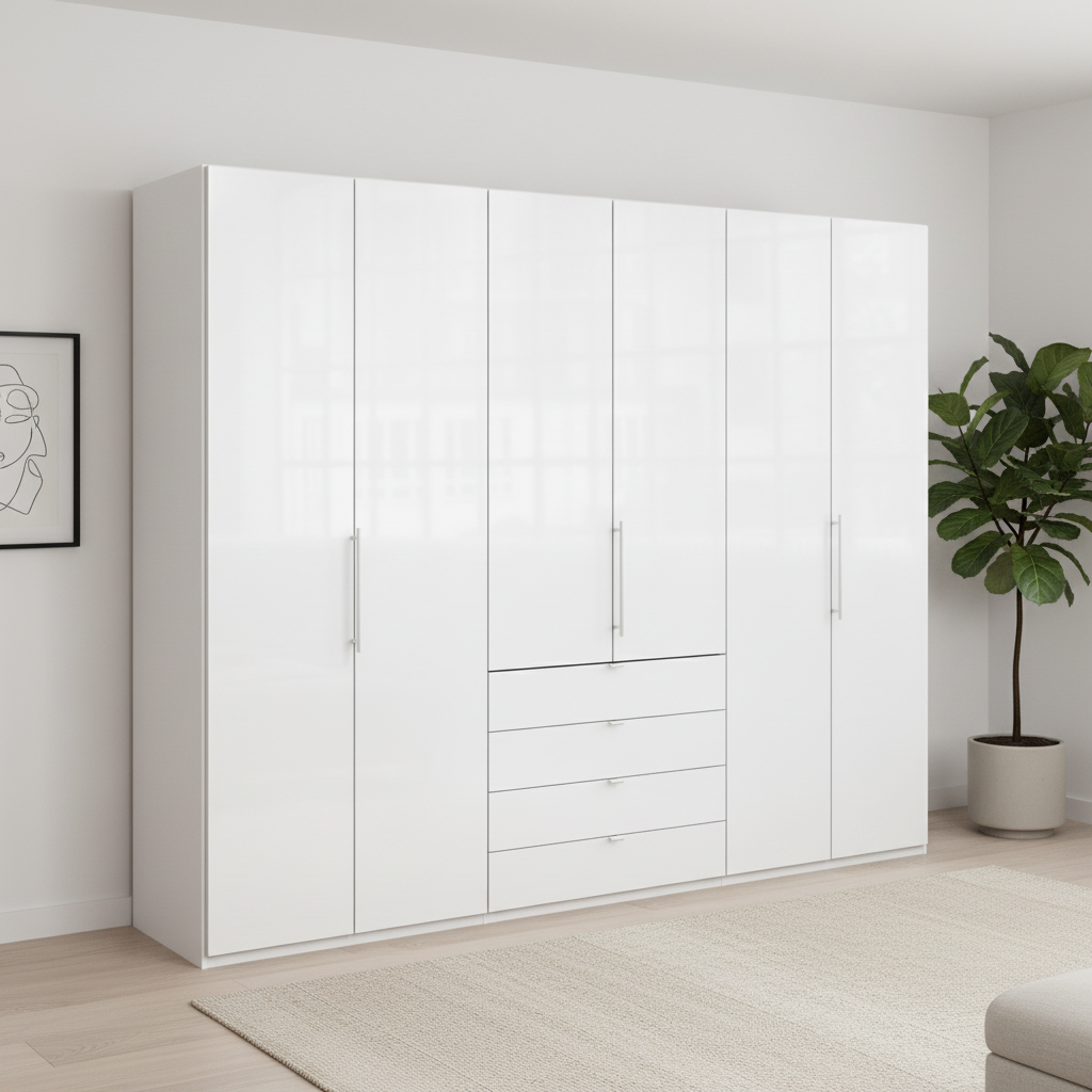 Wiemann Loft 6 Doors & 5 Drawers With Bi-Fold Doors Wardrobe in Glass White styled in a modern room