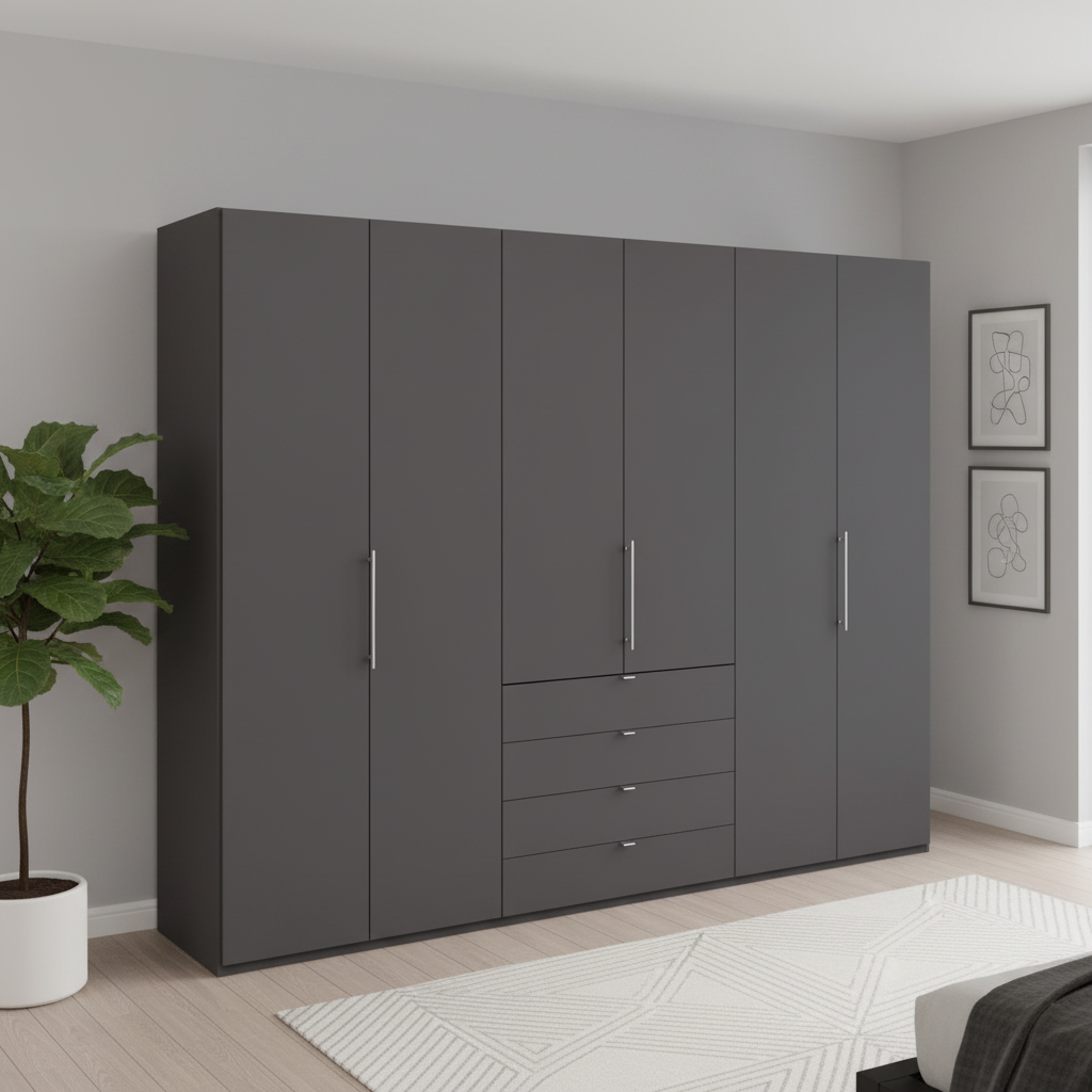 Wiemann Loft 6 Doors & 4 Drawers With Bi-Fold Doors Wardrobe in Havana styled in a modern room