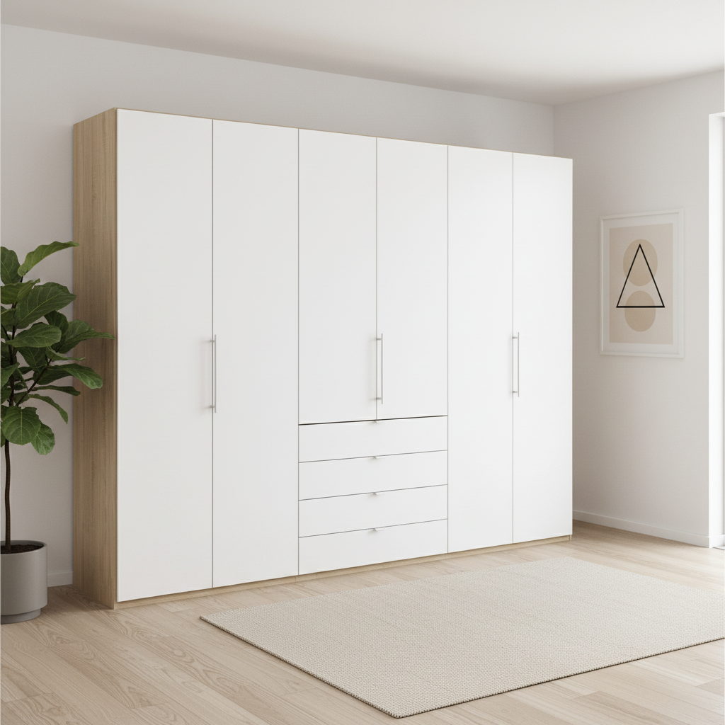 Wiemann Loft 6 Doors & 4 Drawers With Bi-Fold Doors Wardrobe in White with Bianco Oak Carcase styled in a modern room