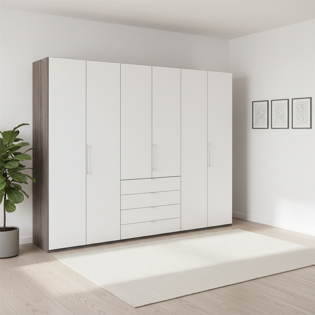 Wiemann Loft 6 Doors & 4 Drawers With Bi-Fold Doors Wardrobe in White with Dark Rustic Oak Carcase styled in a modern room
