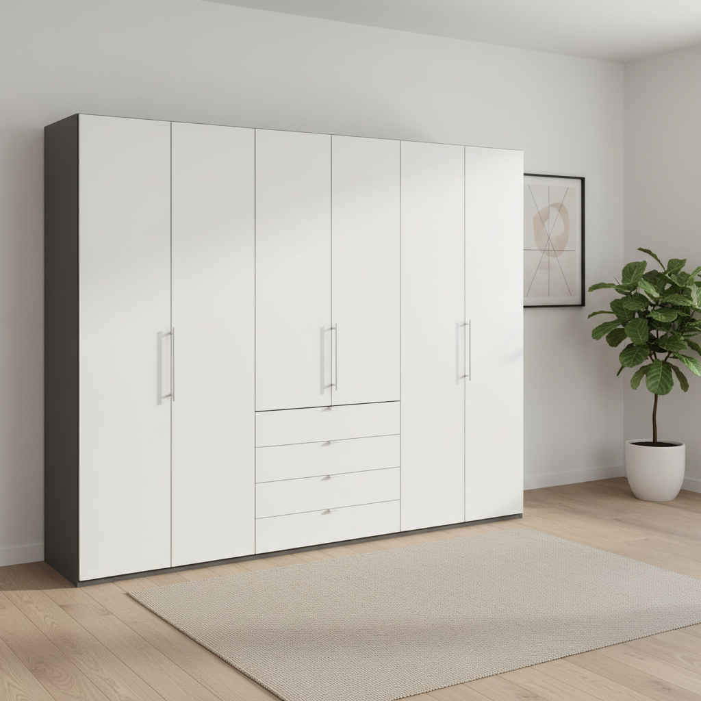 Wiemann Loft 6 Doors & 4 Drawers With Bi-Fold Doors Wardrobe in White with Havana Carcase styled in a modern room