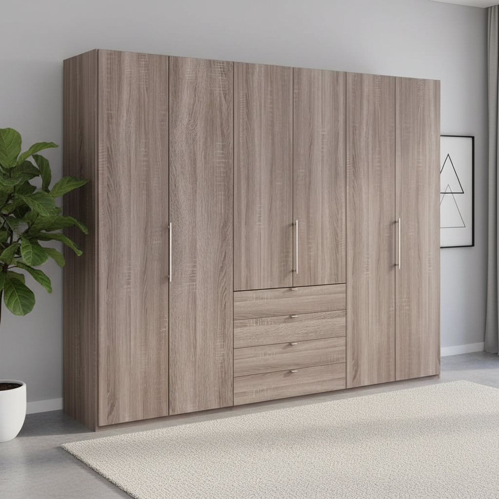 Wiemann Loft 6 Doors & 4 Drawers With Bi-Fold Doors Wardrobe in Dark Rustic Oak styled in a modern room