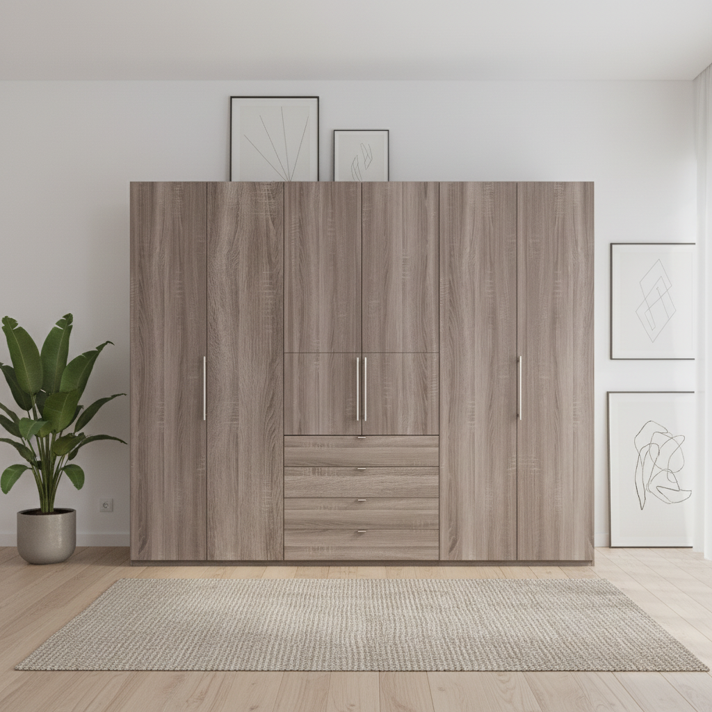 Wiemann Loft 6 Doors & 4 Drawers With Bi-Fold Doors Wardrobe in Dark Rustic Oak Front view