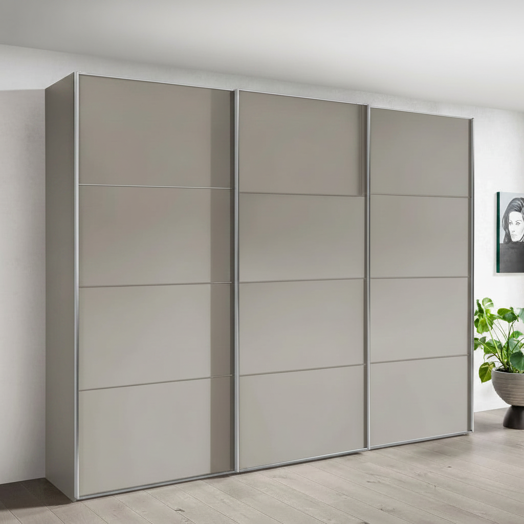 Wiemann Phoenix Pebble Grey 3 Door Sliding Wardrobe in Matte Styled in a Bedroom