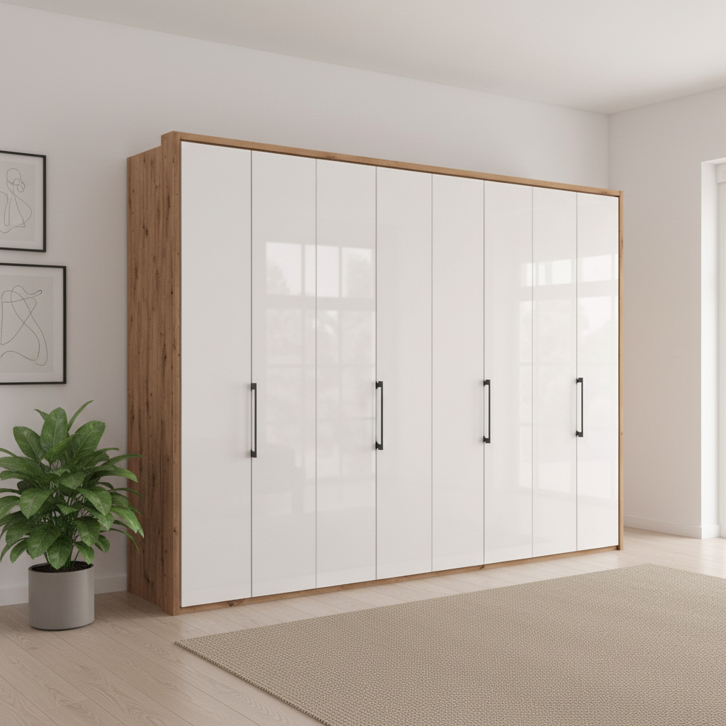 Wiemann Saka 300cm bi-fold wardrobe with 8 glass doors